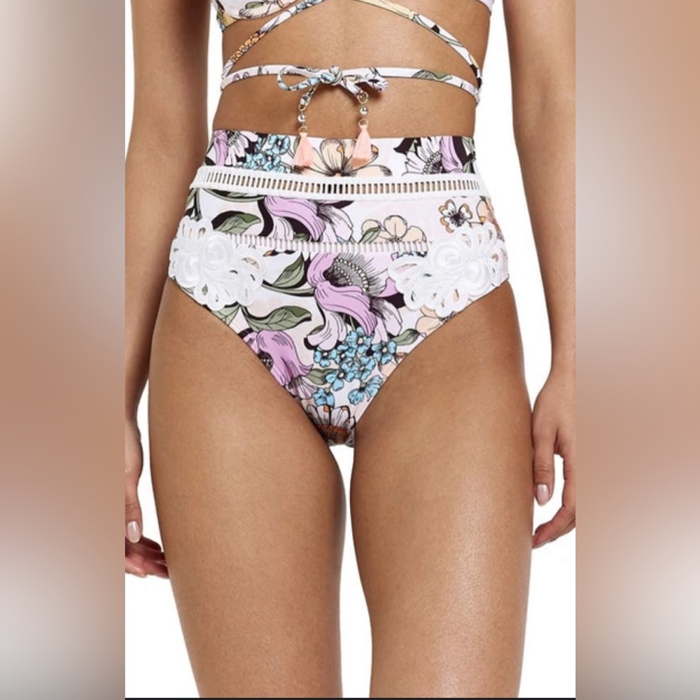 Floral Print Ladder Stitch High Waist Bikini Bottoms